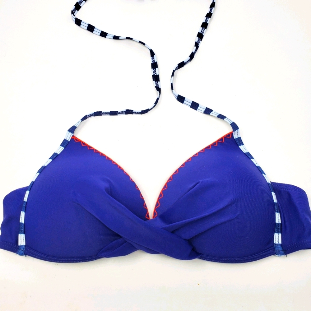 Sailor Blue Bikini Top Twist Front Red Embroidery